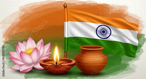 Illustration showcasing Indian national symbols: the flag, a diya lamp, a lotus flower, and a clay pot, set against a watercolor background.