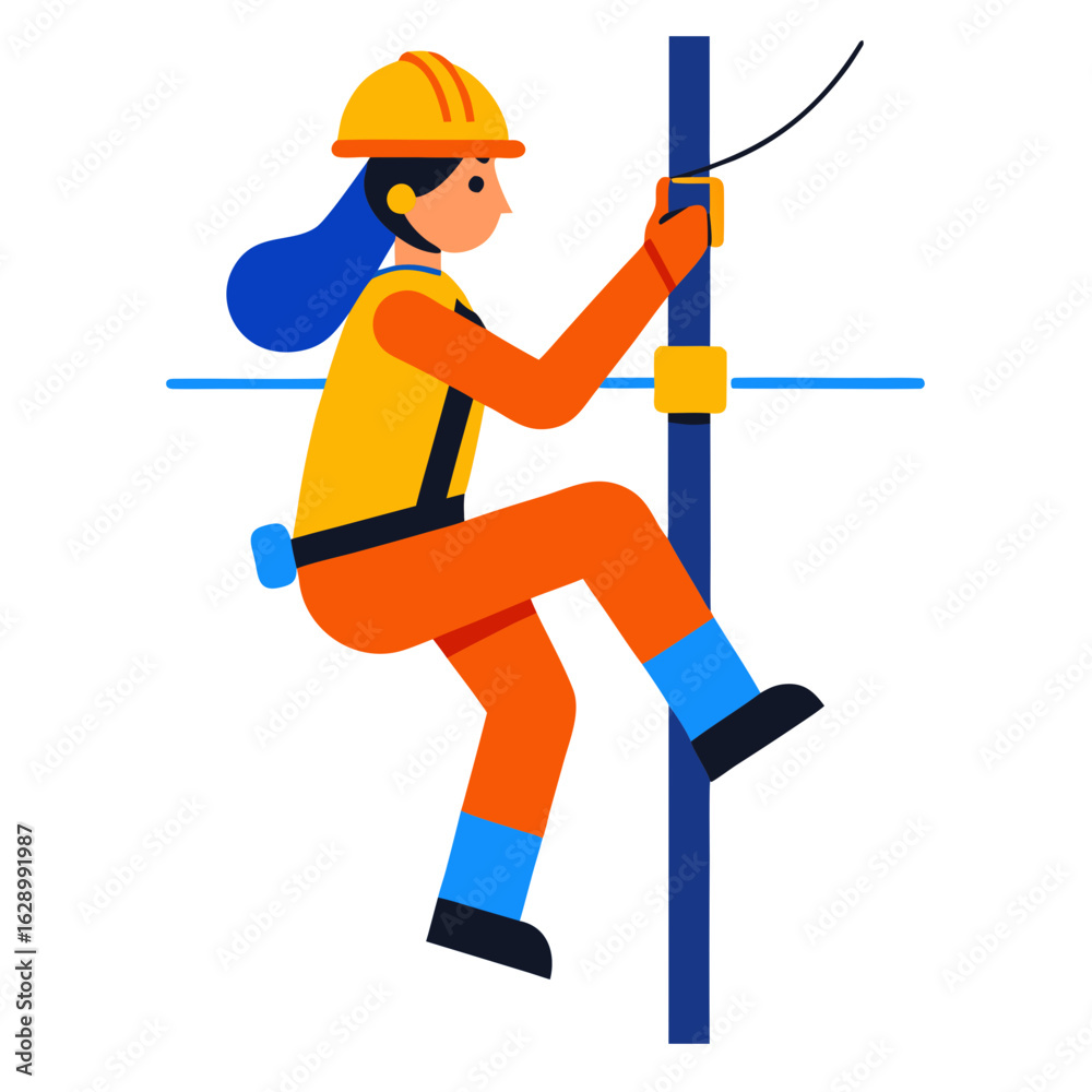 Obraz premium Female lineman climbing utility pole with safety gear