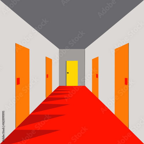 Brightly colored hallway with yellow door and red carpet