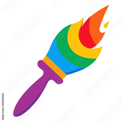 Rainbow paintbrush with colorful bristles and purple handle