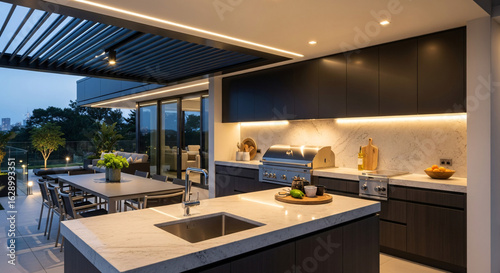 Luxurious modern outdoor kitchen with a stone island BBQ grill and integrated LED lighting on a terrace at dusk.