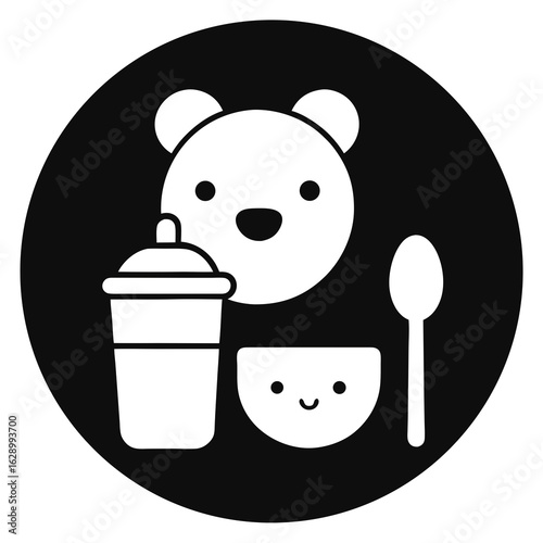 Cute cartoon bear face with baby bottle bowl and spoon isolated on black background for infant feeding icon