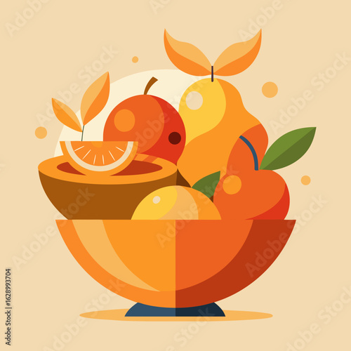 Vibrant flat design illustration of a fruit bowl filled with oranges pears and apples