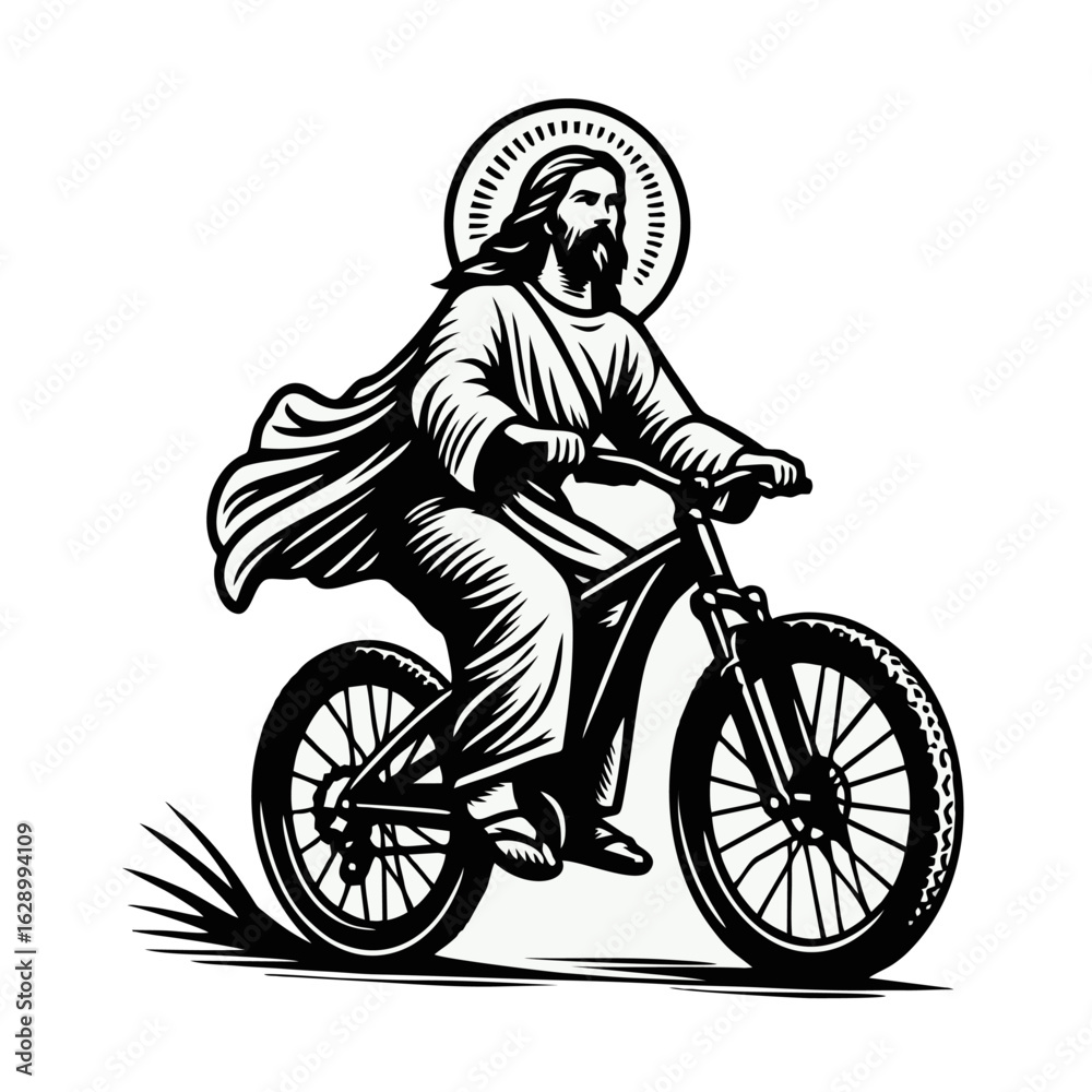 Naklejka premium A black and white illustration of Jesus Christ riding a mountain bike, with a halo behind his head.