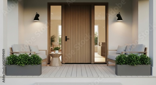 Elegant front entrance of a modern home with a wooden door, sidelights, armchairs, and planters on a porch.