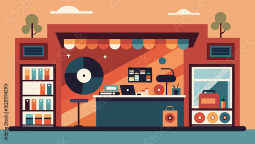 A haven for audiophiles this indie record shop boasts a listening station where patrons can sample new music chat with fellow music lovers and maybe Vector illustration