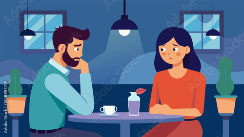 A couple sitting in silence at a restaurant their relationship crumbling under the weight of the husbands social anxiety that prevents them from going.