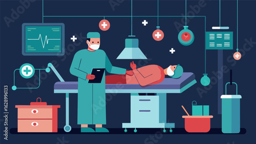 A digital reconstruction of the operating room where ketamine was first used on a human patient with annotations explaining the process and its impact.