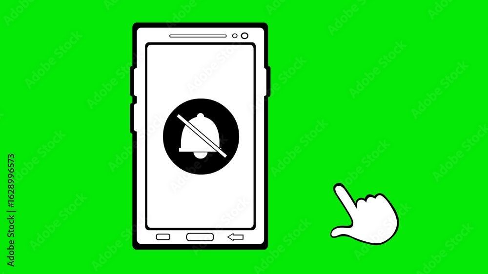 video animation drawing black and white concept icon hand press mute silencing button mobile phone device, on a green chroma key background
