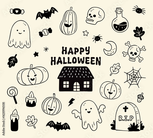set of Halloween doodle vector illustration, cute cartoon, line art, draw