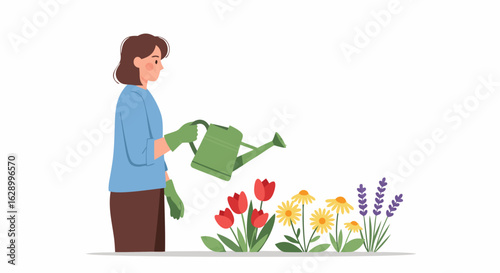 Woman tending a vibrant garden with watering can illustrating horticultural care and floral nurturing promoting outdoor hobbies and well being