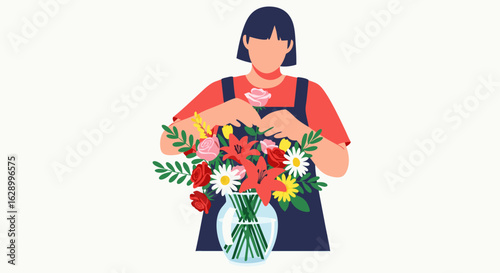 Flat vector illustration of a florist woman creating a colorful flower arrangement in a clear glass vase, florist business or floral art concept