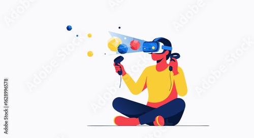 Immersive virtual reality experience of a person using VR glasses and controllers in a digital environment represented by vibrant spheres