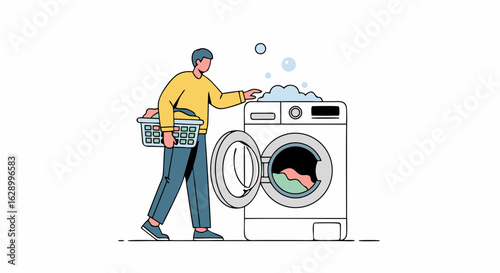 Man doing laundry with a modern washing machine, cartoon style illustration artwork portraying cleanliness and routine home chores with fabric and