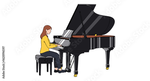 Elegant woman performing melody on a grand piano, musical harmony in solo performance illustration, timeless elegance captured in digital art