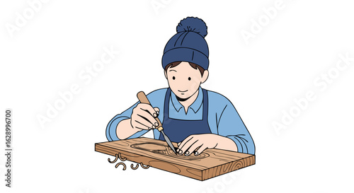Focused artisan sculpting wood with precision and artistry, a craftsperson dedicatedly shaping a wooden surface with a specialized tool in a studio