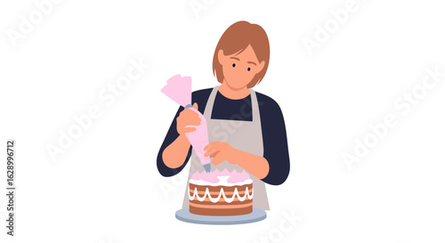 Illustration of a dedicated pastry chef delicately decorating a cake with icing bag showcasing culinary artistry and deliciousness, a celebration of