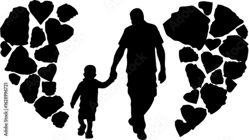 Silhouette of father and child holding hands walking in front of heart made of heart shapes vector art