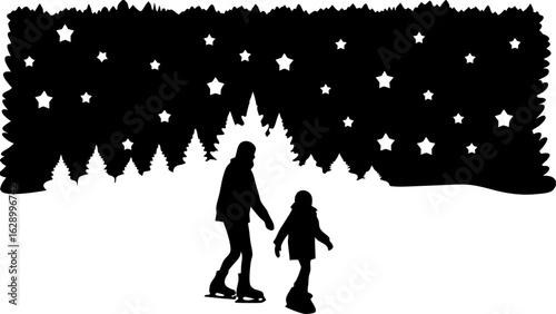 Silhouette of a parent and child ice skating under a starry sky with a forest background and snow scene