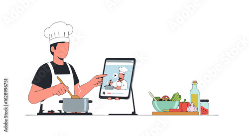 Chef following a cooking tutorial online using a digital tablet, preparing a meal, vector illustration tutorial easy steps, flat design cooking at