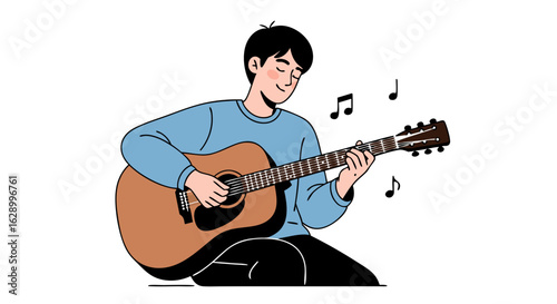 Cartoon illustration of a young man playing acoustic guitar surrounded by musical notes with passion and dedication performing a song, isolated on