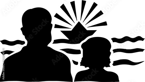 Silhouette of father and child watching paper boat sailing on the water at sunset in black and white
