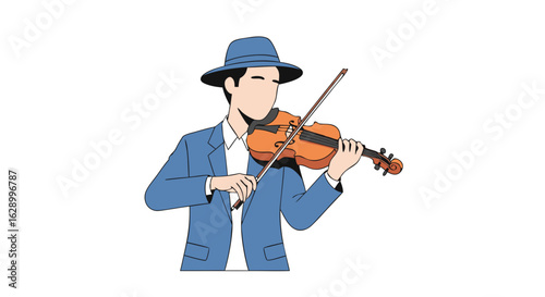 Cartoon musician illustration in a blue suit playing a violin with focused expression and artistic presentation