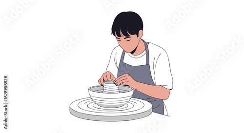 Artistic Pottery Crafting: Concentrated Potter Shaping Clay on a Wheel with Skill and Precision using Creativity and Focus to mold unique Form