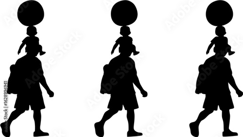 Silhouette illustration of three figures carrying children with balls on their heads in a row format
