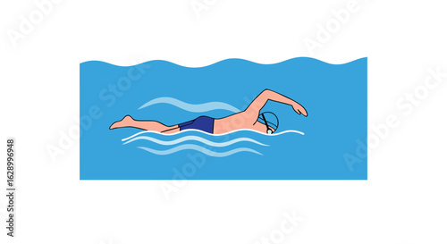 Illustration depicting a swimmer in motion freestyle technique, showcasing athleticism and training regime in a aquatic arena with blue water waves