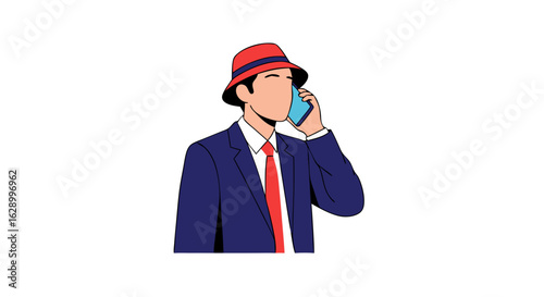 Stylized Man in Suit and Hat Engaged in Phone Call for Modern Communication Purposes