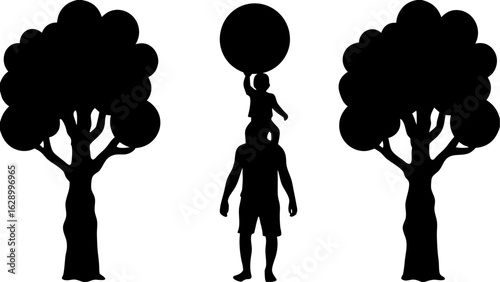 Silhouette of father carrying child on shoulders with a large ball between two trees in black