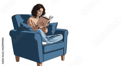 Illustration depicting a girl engrossed in reading a book while relaxing on a blue armchair providing a moment of quiet enjoyment in a cozy indoor