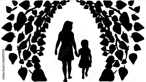 Silhouette of mother and child walking under an archway of leaves creating a natural frame element art