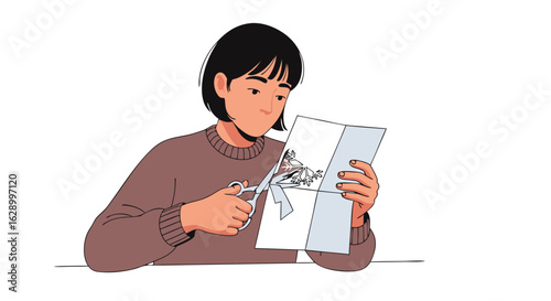 Creative Handcrafting: Young woman carefully cutting out a paper snowflake with scissors, showcasing patience and artistic crafting activity