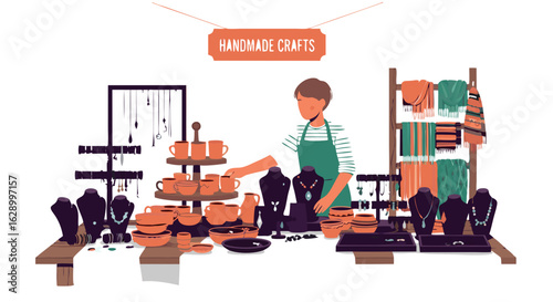 Illustrative Artisan at Handmade Crafts Market Displaying Pottery, Jewelry, and Textiles Collection