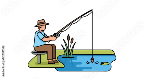Cartoon illustration of a man fishing in a pond surrounded by nature during daytime leisure outdoor activity at its finest and peace atmosphere