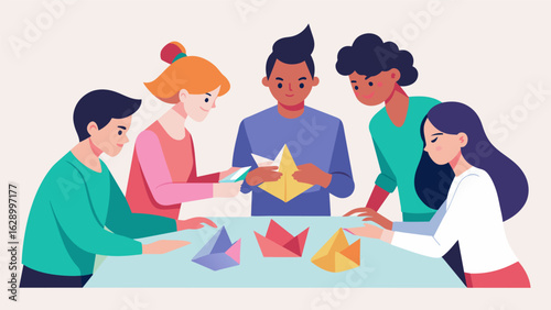 A group of friends gathered around a table carefully folding origami shapes using soft pastelcolored paper..