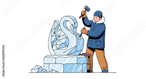 Illustration showcasing an artist meticulously crafting a magnificent swan sculpture from ice, wielding tools with focus and expertise