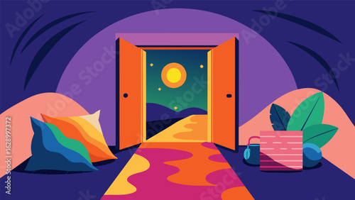 A hidden door behind a large moving mural revealing a cozy room with soft pillows and blankets perfect for a relaxing psychedelic journey..