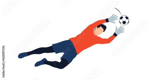 Goalkeeper's Dynamic Save: Vector Illustration of a Diving Soccer Player Attempting to Block the Ball, flat style drawing