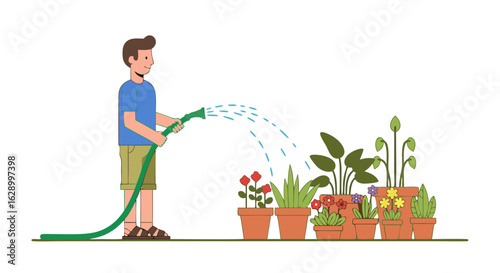 Man tending garden with hose illustrates outdoor home care and leisure activity vector scene concept, featuring potted plants and gardening