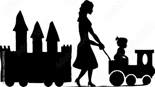 Silhouette of a woman pulling a toy train with a child in it and a toy castle attached behind it all black