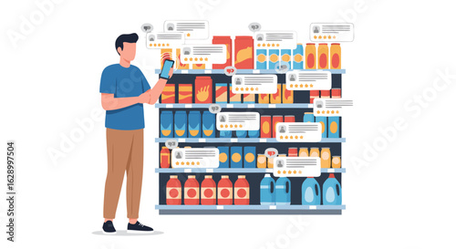 Modern consumer utilizing mobile reviews for informed shopping decisions in a retail setting showing product evaluation