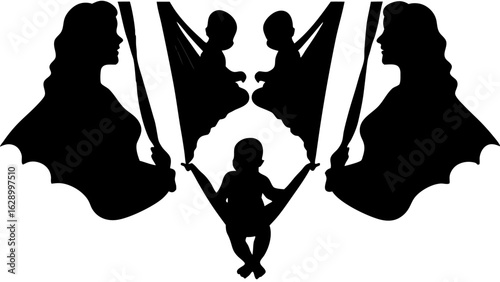 Silhouette illustration of two women holding hammocks with babies and a baby in a central hammock design