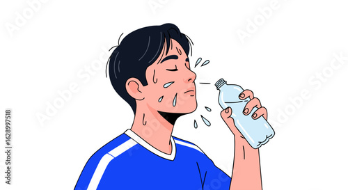 Refreshing Hydration: An Illustration of a Sweaty Man Seeking Relief with Cool Water from a Plastic Bottle