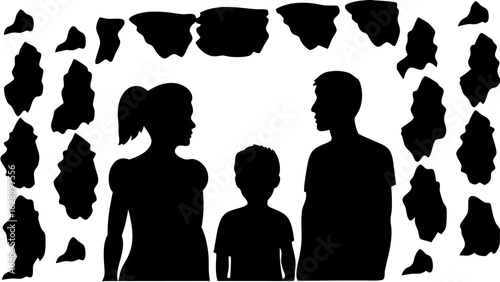 Silhouette of a family with a woman man and child framed by abstract shapes in black and white color scheme