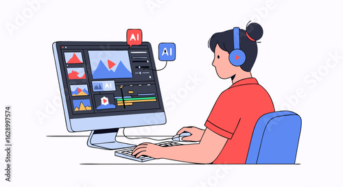 Modern Illustrator Creating Digital Art with AI Assistance and Graphic Design Tools on a Desktop Computer