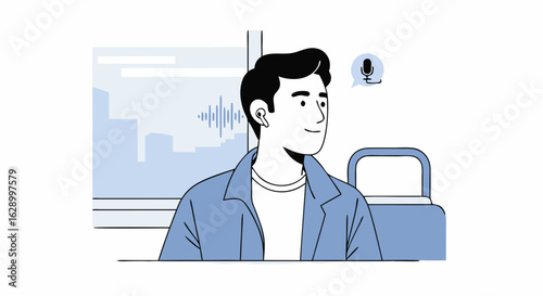 Modern illustration of a man during a voice call on public transport with city view backdrop enhancing the commuter experience with technology