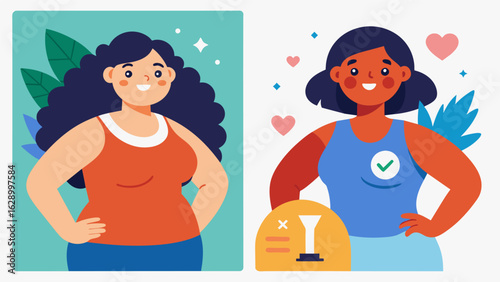 A before and after photoshoot featuring a woman who has gained weight but also gained strength and selflove with the tagline Forget about the scale. Vector illustration